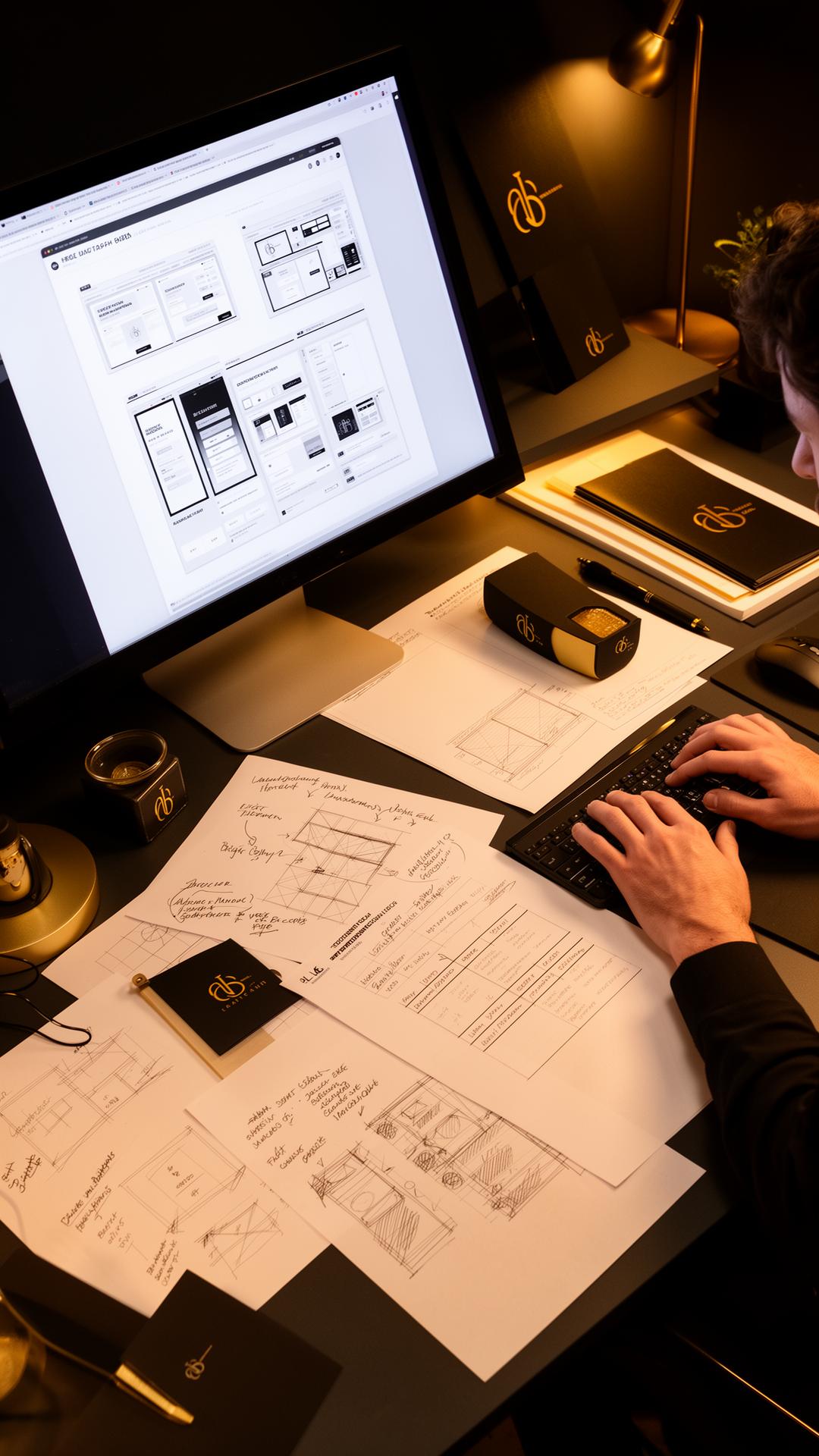 Excel Content creative workspace with website wireframes, design notes and branded materials